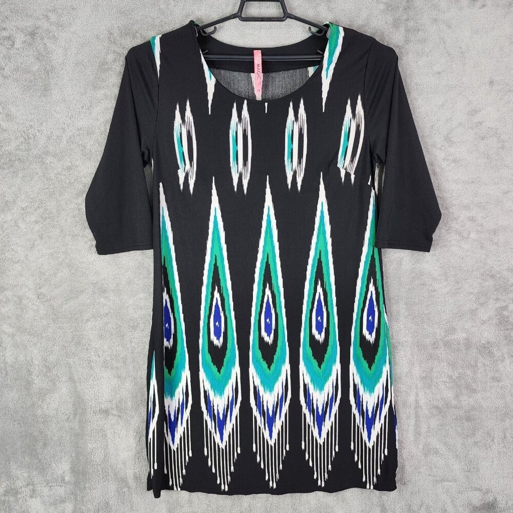 Womens Multicolor Magic Shift Dress Midi 3/4 Sleeve Round Neck Size 1X - Picture 1 of 9